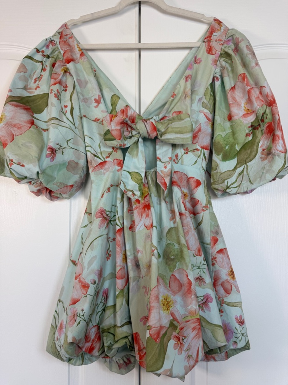 H&M Floral Bubble Hem Mini Dress Balloon Sleeves Sage Green Cottagecore Size Med - Picture 2 of 9